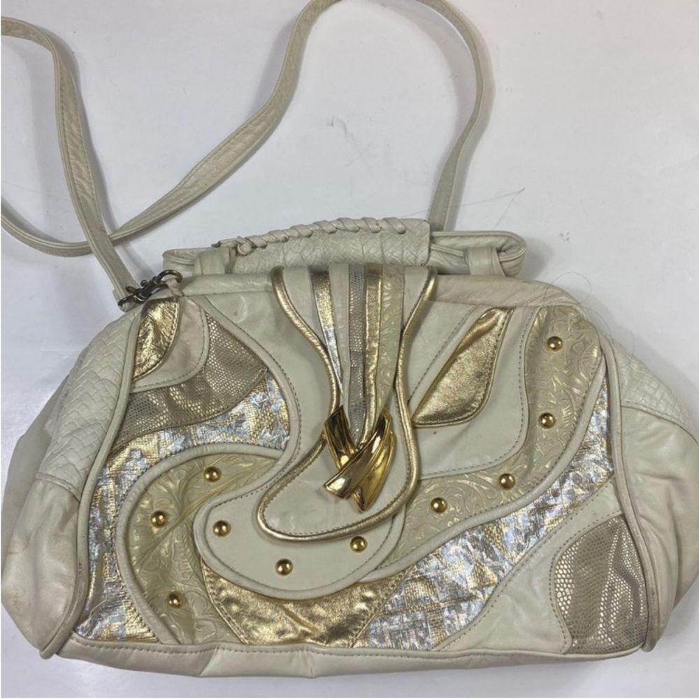 PINKY Bags By Genuine Leather Made In USA Elegant Cream and Gold Shoulder Bag